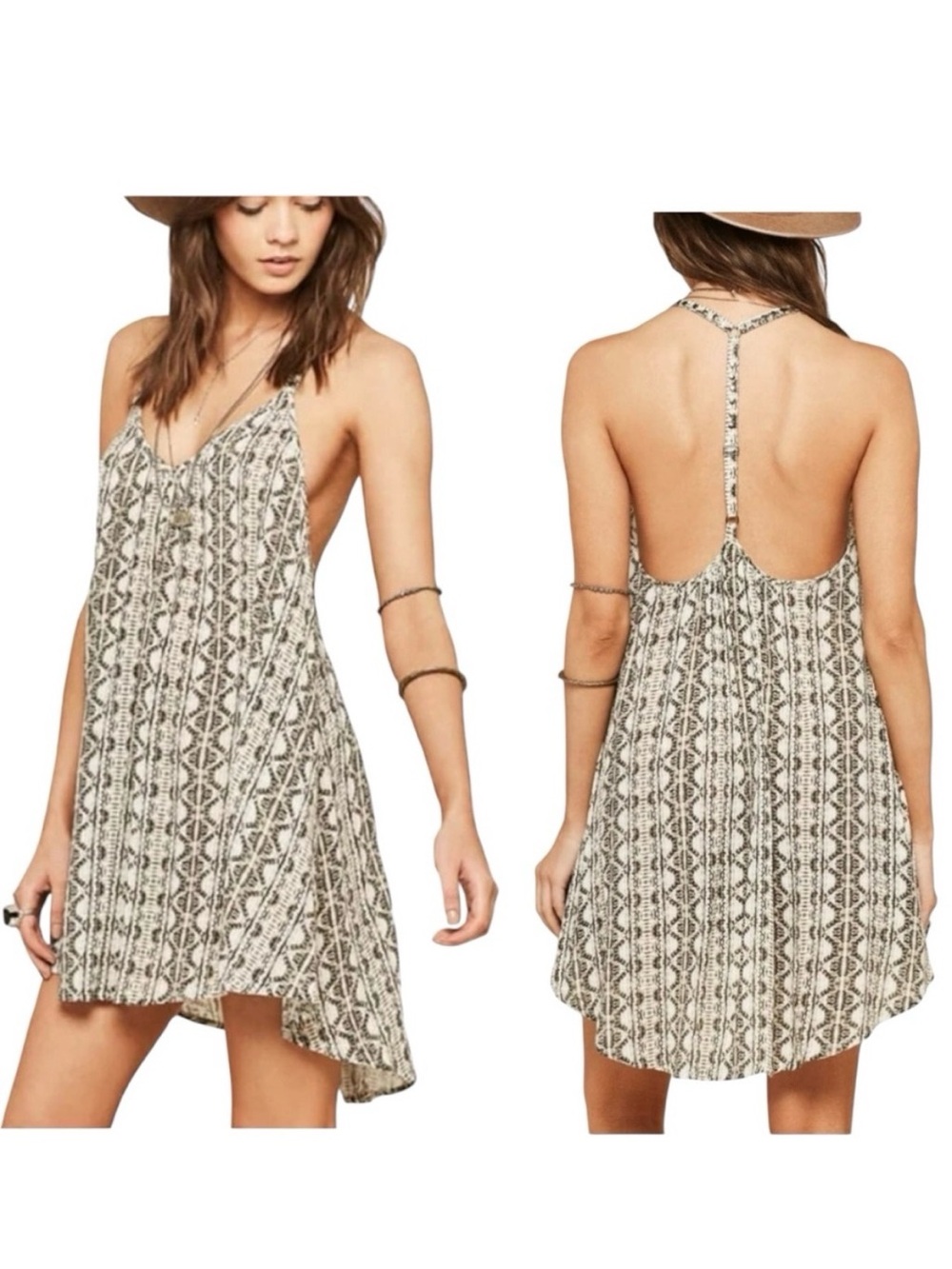 Amuse Society Rituals Beaded Tunic Mini Dress Geometric Snake Cream Gray Boho